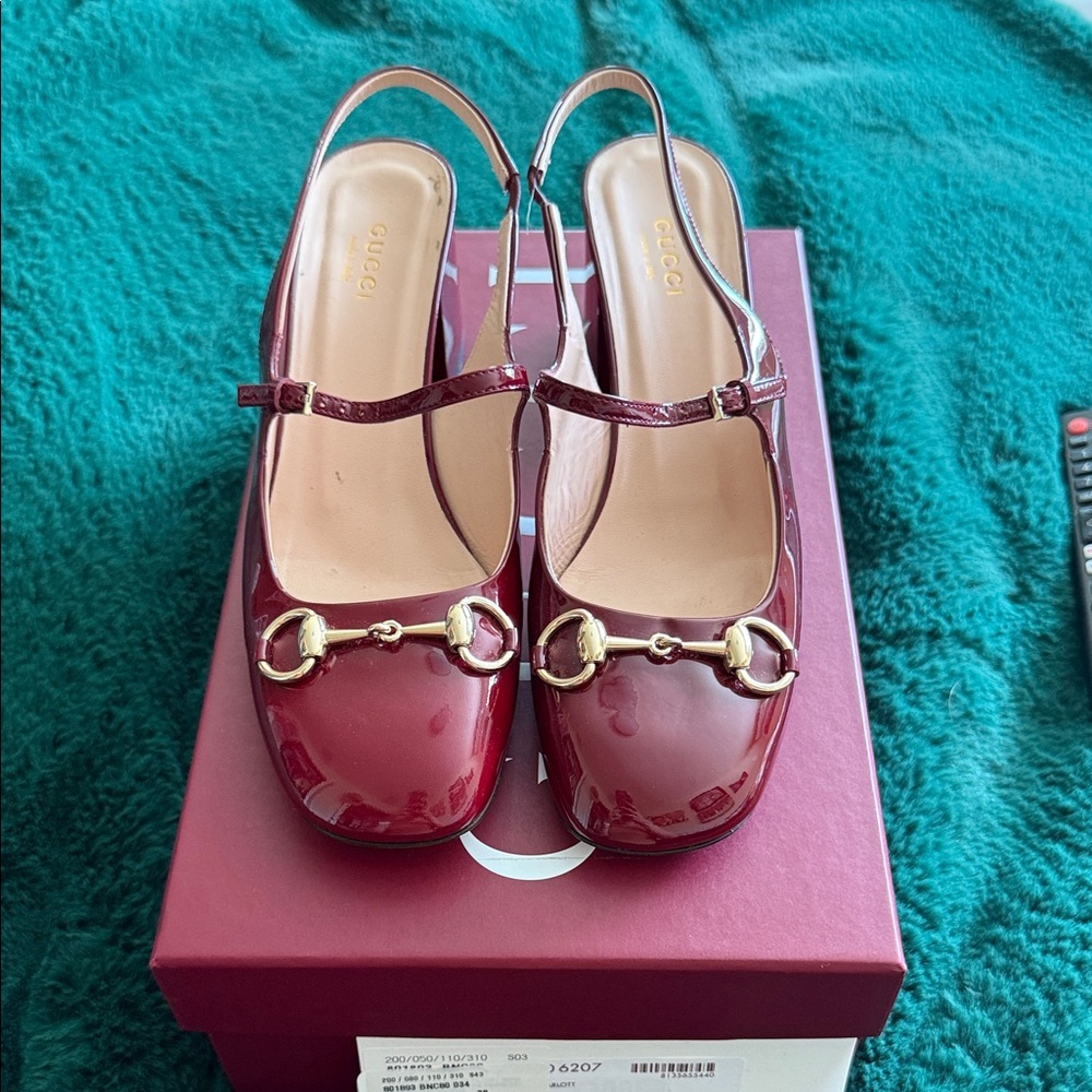 Gucci Burgundy Patent Leather Horsebit Slingback Pumps